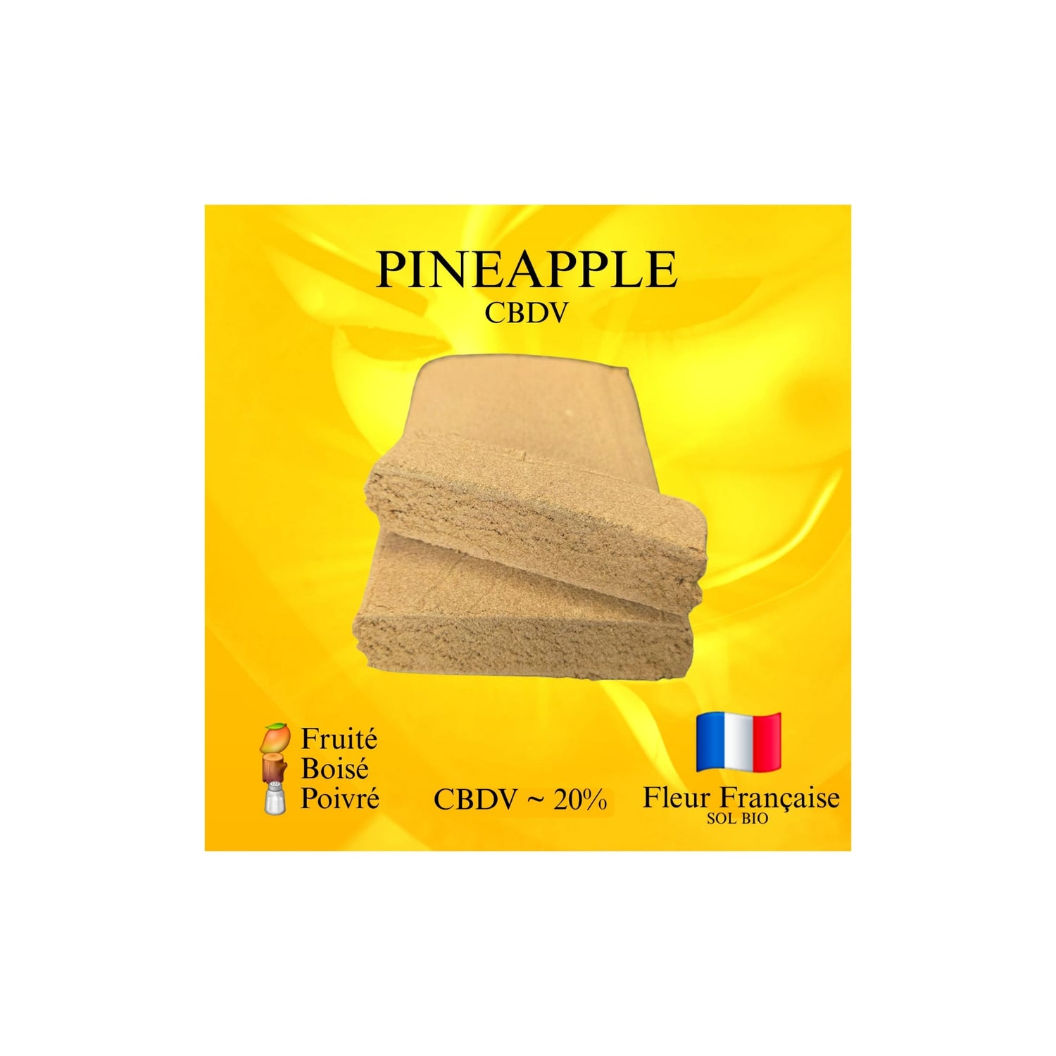 Résine Pineapple CBDV by El Professor x Les plantes de Tomine - saveur fruitée, boisée poivrée, ananas mûre - 20% CBDV, fleurs françaises