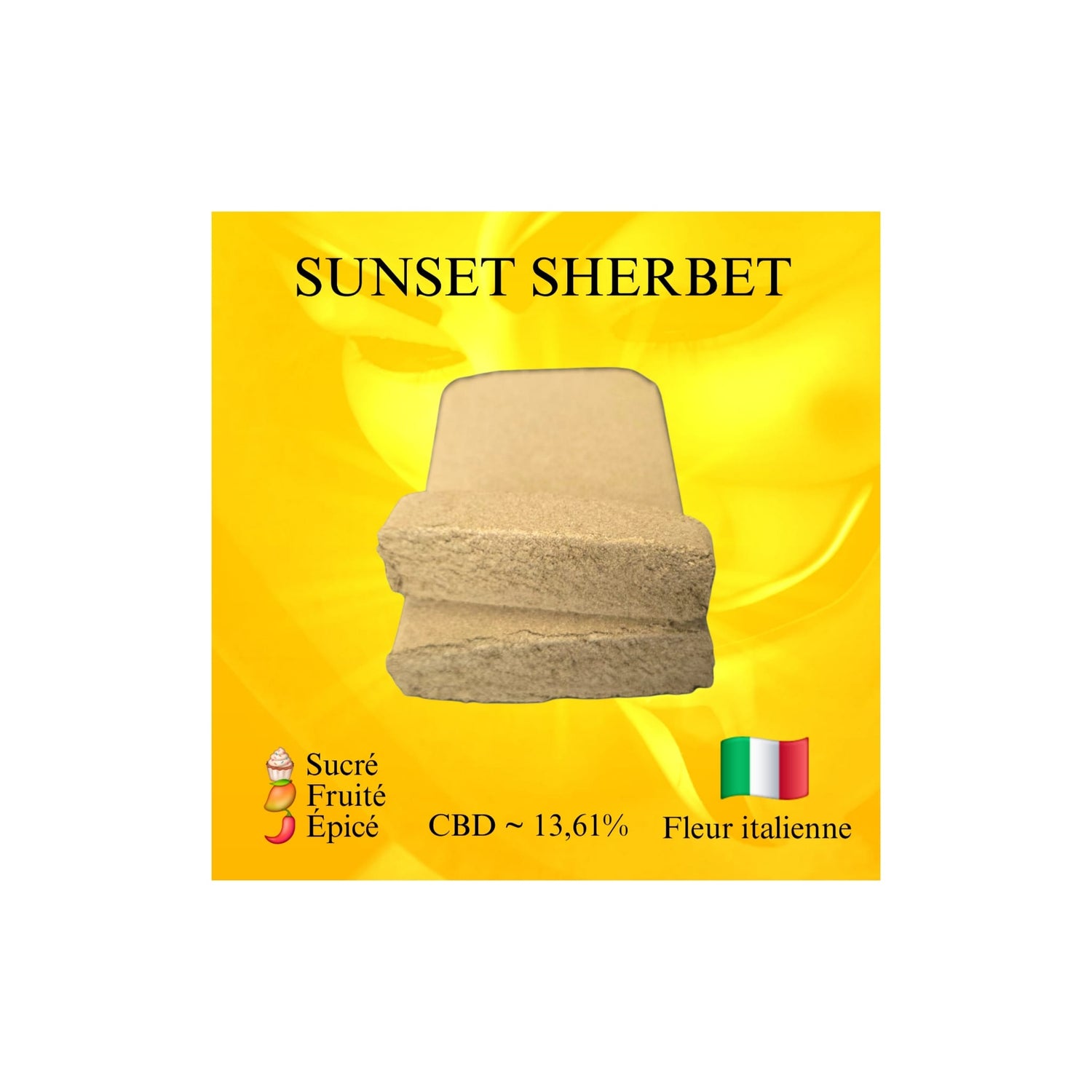 Résine CBD Sunset Sherbet by El Professor x CBD Maker - notes sucrée, fruitée, épicée - 13.61% CBD - Fleur itailennes